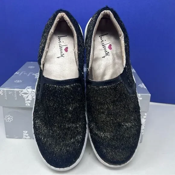 Luichiny Vay Kay Faux Fur Black & Gold Slip-on Loafers Black Trim White Sole 8.5 - Picture 3 of 13